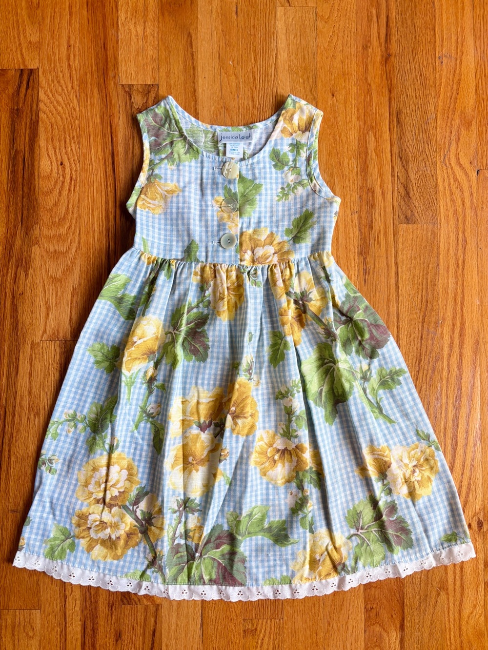 VTG Jessica Leigh Girls Dress Size 6 Sleeveless Floral Gingham Lace Trim Blue